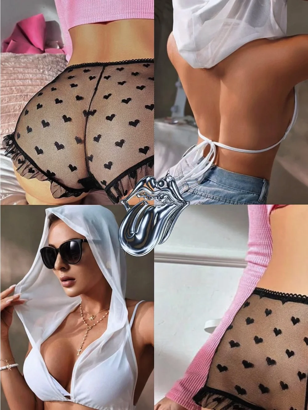 Sheer cropped hoodie & Heart-Print Mesh Shorts - Black